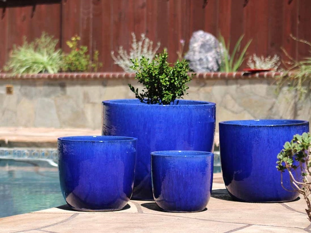 EGG SHELL POTS, FALLING BLUE, SET OF 4  22.5" X 18.0", 17.5" X 15.0", 14.0" X 12.0", 11.5" X 12.0"