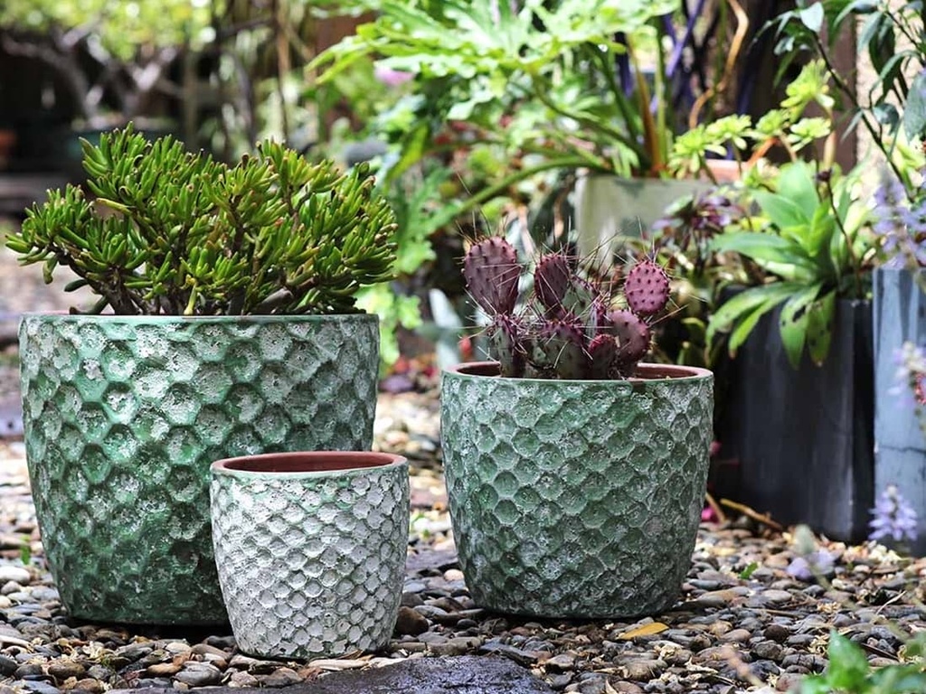 EGG HEXAGON HANDTHROWN, AEGEAN GREEN, SET OF 3- 15"X12.5", 11"X9.5", 7.5"X7"