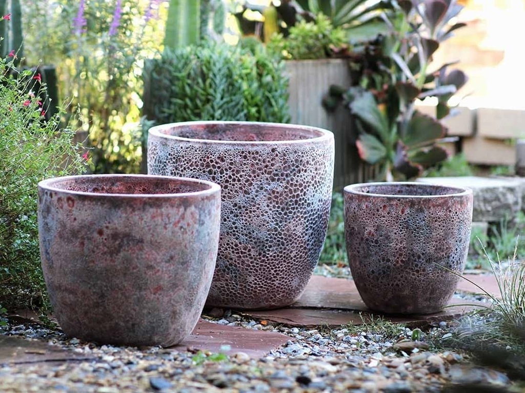 COCO POTS, CORAL REEF RED, SET OF 4- 23"X20", 19"X17", 15'X13", 12"X11"