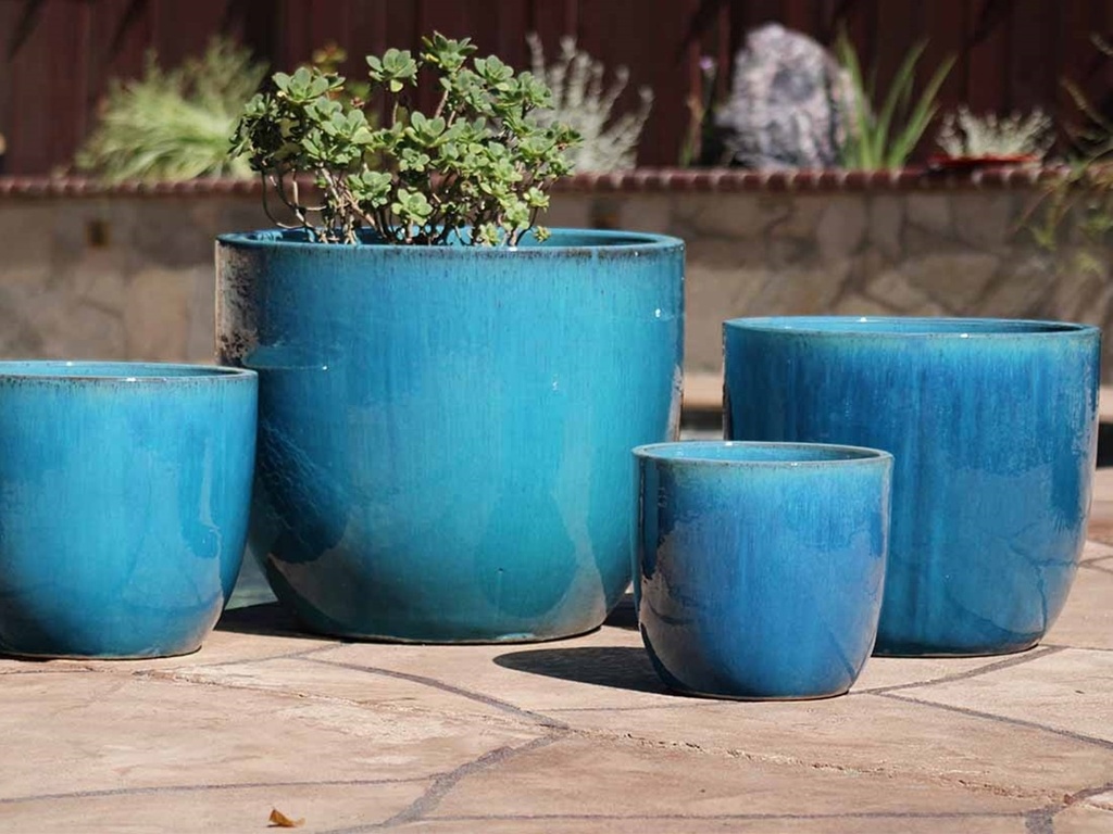 EGG SHELL POTS, FALLING AQUA, SET OF 4- 22.5" X 18.0", 17.5" X 15.0", 14.0" X 12.0", 11.5" X 12.0"