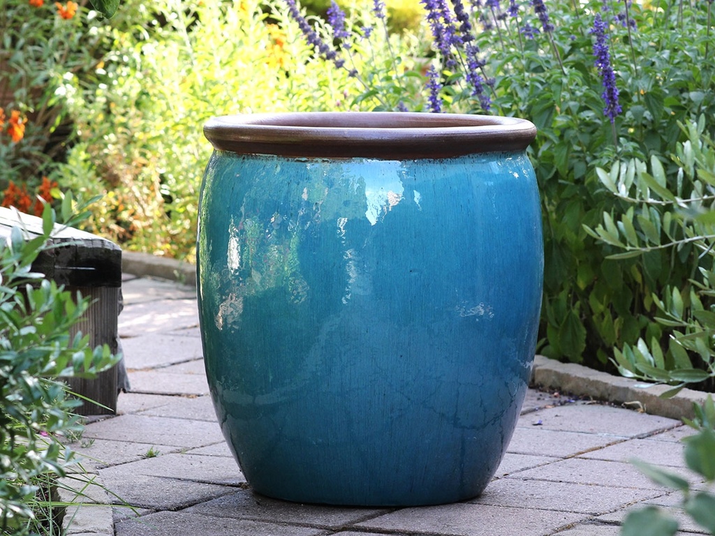 ROLL RIM PLANTER, FALLING AQUA, SET OF 2-  21.5"X25.0" 17.0"  X17.5"