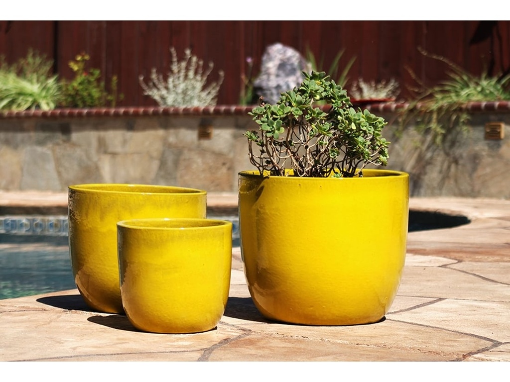 EGG SHELL POTS, CANARY YELLOW, SET OF 3 - 17.0" X 15.0", 14.0" X 12.5", 11.5" X 12.0"