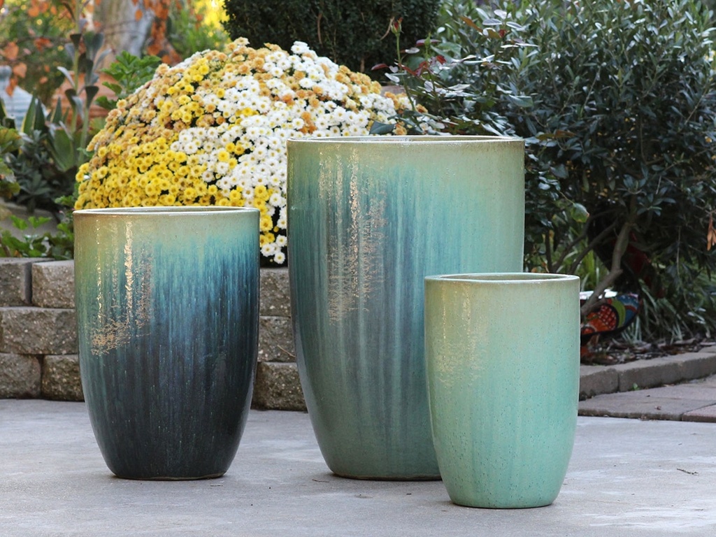 MID HEIGHT BARREL PLANTER, CRYSTAL GREEN, SET OF 3, 18.0"x26.0", 14.0"x20.5", 11.5"x16.5"