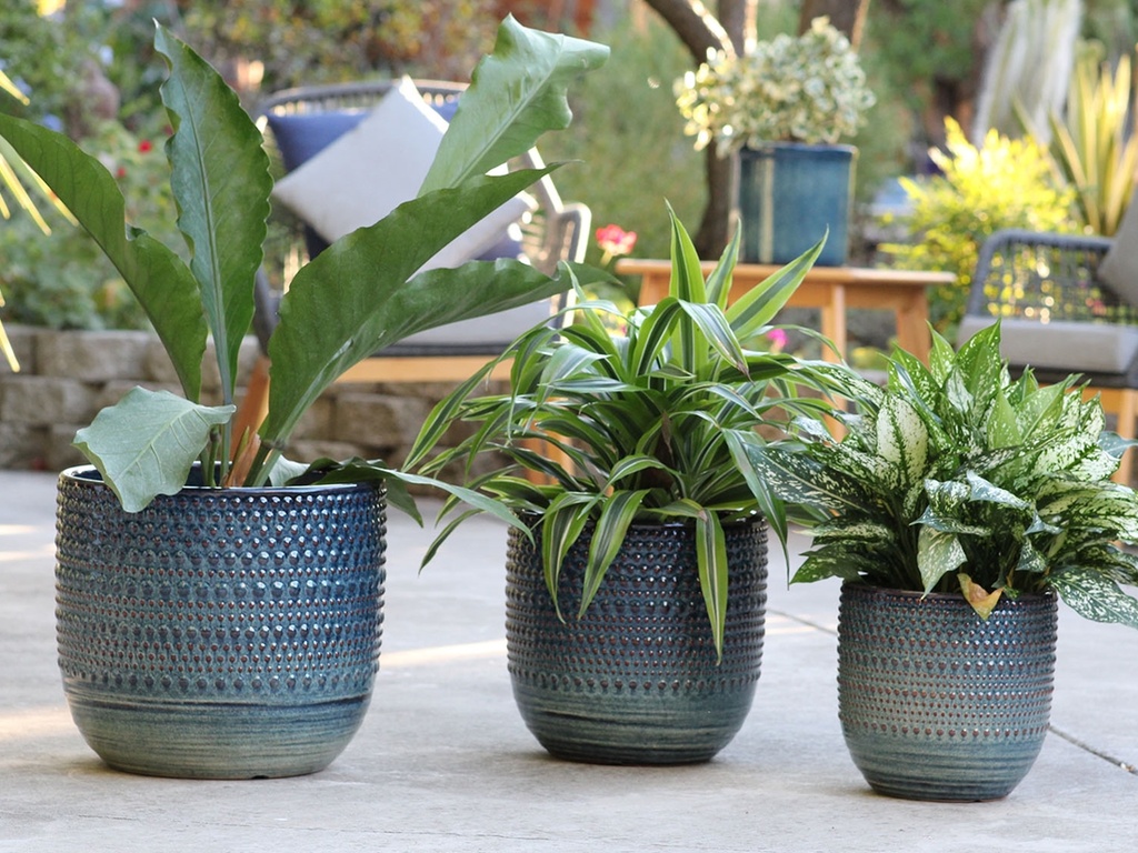 GARDENIA PLANTER, INDIGO SPLASH, SET OF 3, 15"X13.5"  12"X11" 10"X9"