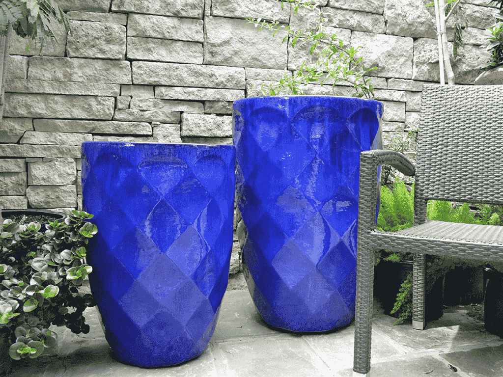 TALL DIAMOND PLANTER, FALLING BLUE, SET OF 2 - 22.0" X 32.5", 18.5" X 25.5"