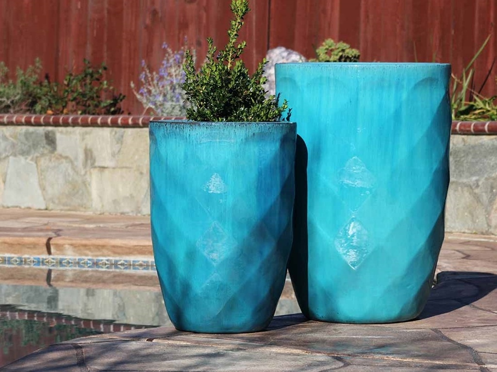 TALL DIAMOND PLANTER, FALLING AQUA, SET OF 2 - 22.0" X 32.5", 18.5" X 25.5"