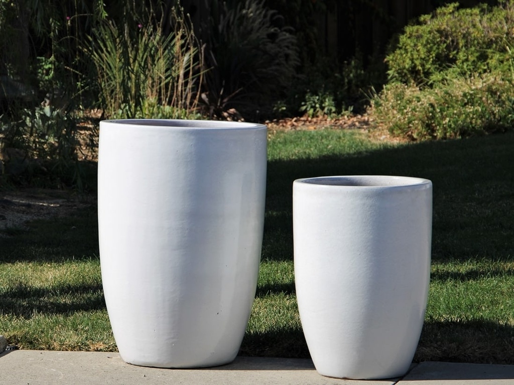 TALL BARREL PLANTERS, WHITE, SET OF 2 - 22"X32.5", 18"X26"