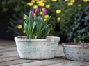TUSCAN VILLAGE HAND THROWN ENGLISH TUMBLED POTS LOW, ATLANTIS SKY, SET OF 3 - 15.0" X 7.0", 13.0" X 6.0", 10.0" X 4.5"
