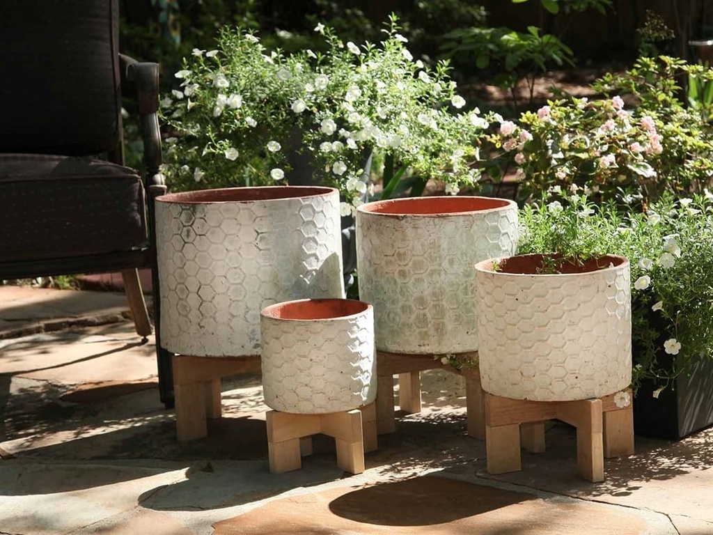 TUSCAN VILLAGE HAND THROWN CYLINDER HEXAGON PLANTER, ATLANTIS SKY, SET OF 4 - 12.5" X 10.5", 10.5" X 9.5", 9.5" X 8.0", 7.0" X 6.5"