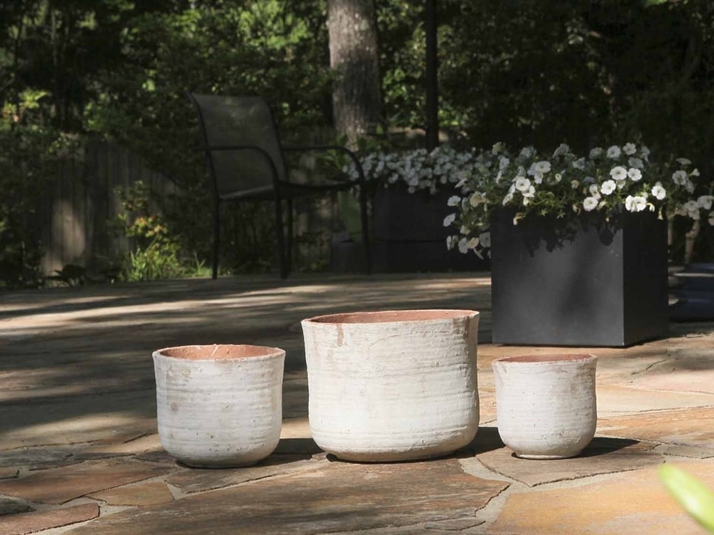 TUSCAN VILLAGE HAND THROWN ENGLISH TUMBLED POTS, ATLANTIS SKY, SET OF 3 - 9.0" X 8.0", 7.0" X 6.0", 6.0" X 5.0"