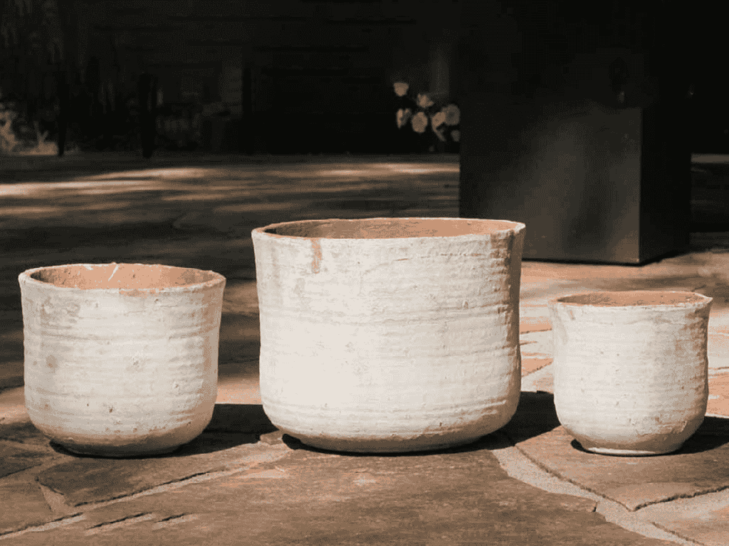 TUSCAN VILLAGE HAND THROWN ENGLISH TUMBLED POTS, ATLANTIS SKY, SET OF 3 - 9.0" X 8.0", 7.0" X 6.0", 6.0" X 5.0"