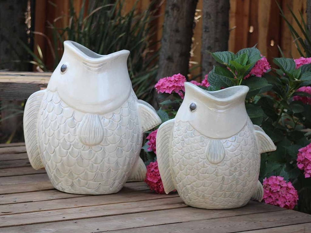 LARGE LEAPING CARP, WHITE NATURE STONE 18"X17"X20"