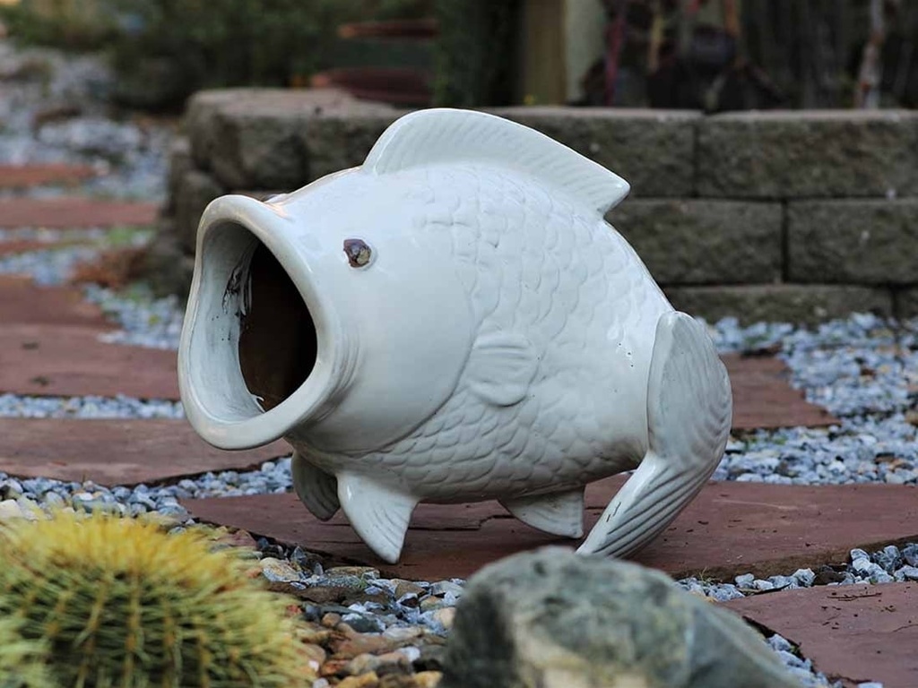 LARGE LEAPING CARP, WHITE NATURE STONE 18"X17"X20"
