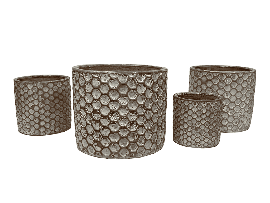 TUSCAN VILLAGE HAND THROWN CYLINDER HEXAGON PLANTER, HEIRLOOM WHITE, SET OF 4 - 12.5" X 10.5", 10.5" X 9.5", 9.5" X 8.0", 7.0" X 6.5"