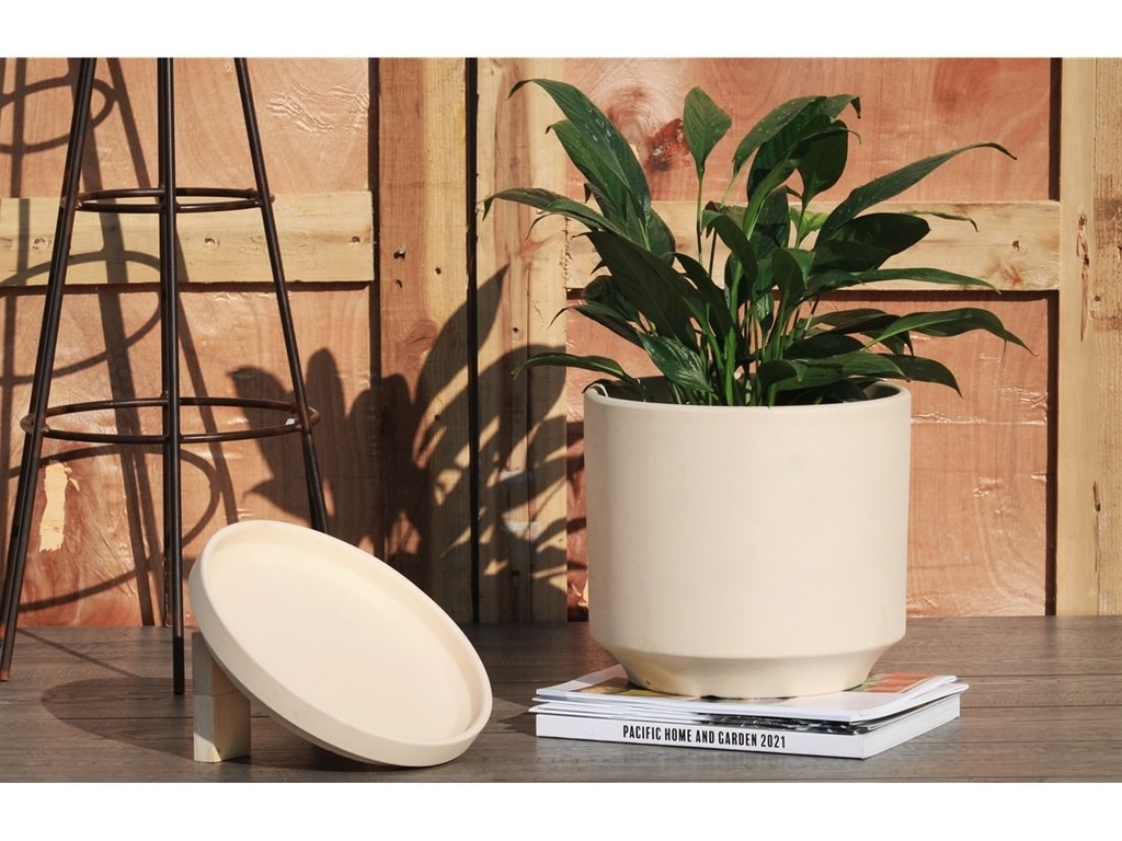 MID MODERN PLANTER WITH DETACHED SAUCER, IVORY CLAY, 14.0"X12.0", 14.0"X2.5"
