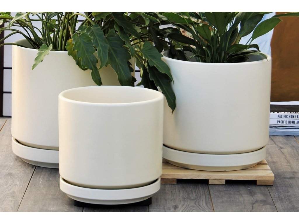 MID MODERN PLANTER WITH DETACHED SAUCER, CLOUD WHITE, 14.0"X12.0", 14.0"X2.5"