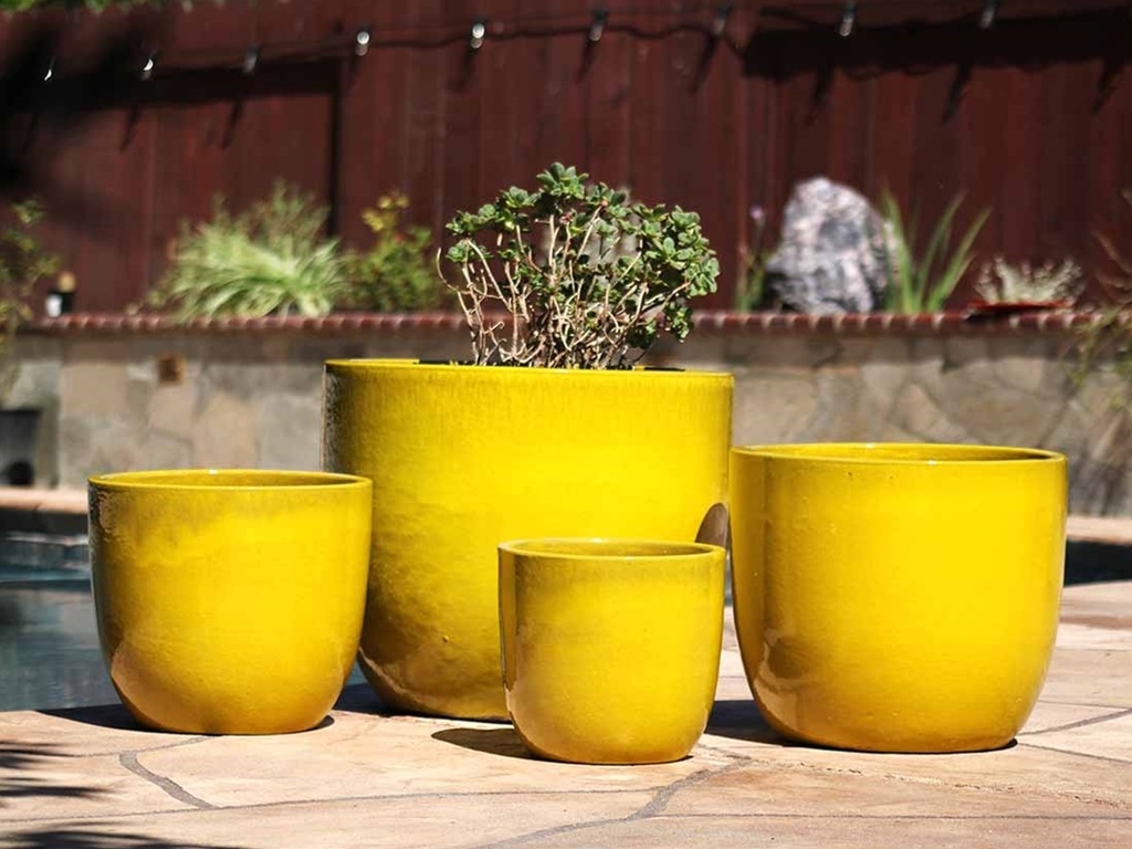 EGG SHELL POTS, CANARY YELLOW, SET OF 4 - 22.5" X 18.0", 17.5" X 15.0", 14.0" X 12.0", 11.5" X 12.0"