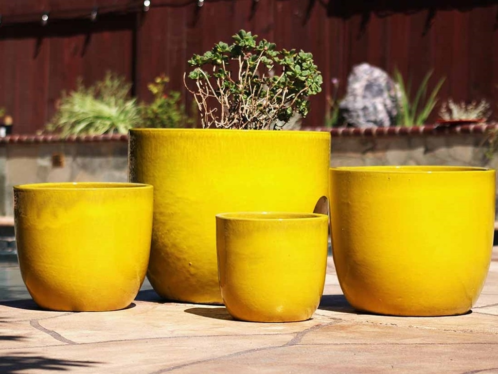 EGG SHELL POTS, CANARY YELLOW, SET OF 4 - 22.5" X 18.0", 17.5" X 15.0", 14.0" X 12.0", 11.5" X 12.0"