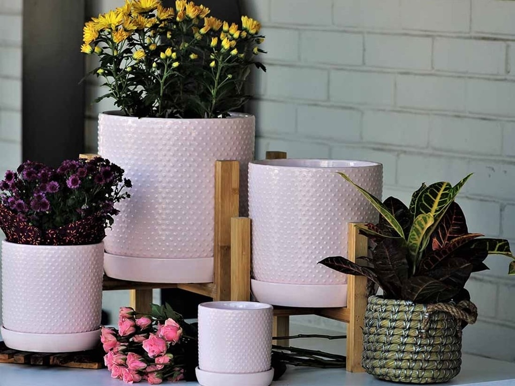 DOTTED CYLINDER PLANTER WITH ATTACHED SAUCER, PASTEL BABY PINK, 11"x11.5", SOLD IN CASE OF 2