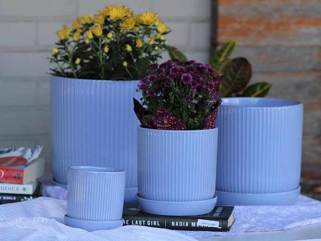 FLUTED CYLINDER PLANTER WITH ATTACHED SAUCER, PASTEL LAVENDER, 7.0"x 7.5", SOLD IN CASE OF 6