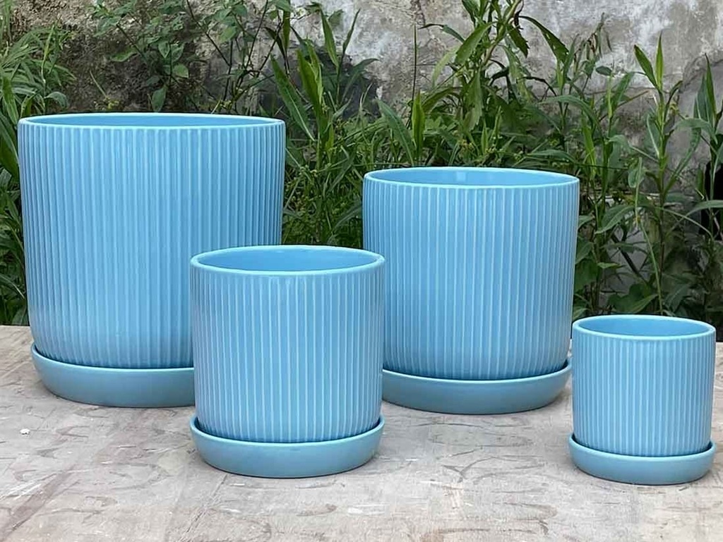 FLUTED CYLINDER PLANTER WITH ATTACHED SAUCER, PASTEL LIGHT BLUE, 7.0"x 7.5", SOLD IN CASE OF 6