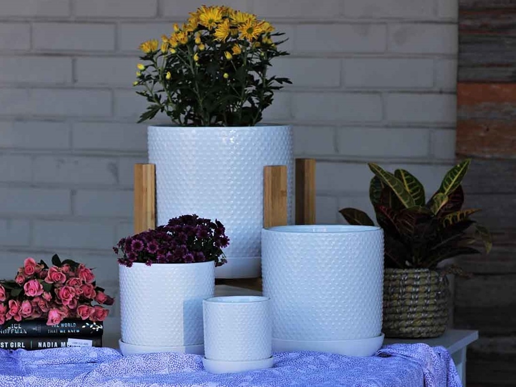 DOTTED CYLINDER PLANTER WITH ATTACHED SAUCER, BRIGHT WHITE, 7.0"x 7.5", SOLD IN CASE OF 6