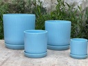 FLUTED CYLINDER PLANTER WITH ATTACHED SAUCER, PASTEL LIGHT BLUE, 5.0"x5.5", SOLD IN CASE OF 8
