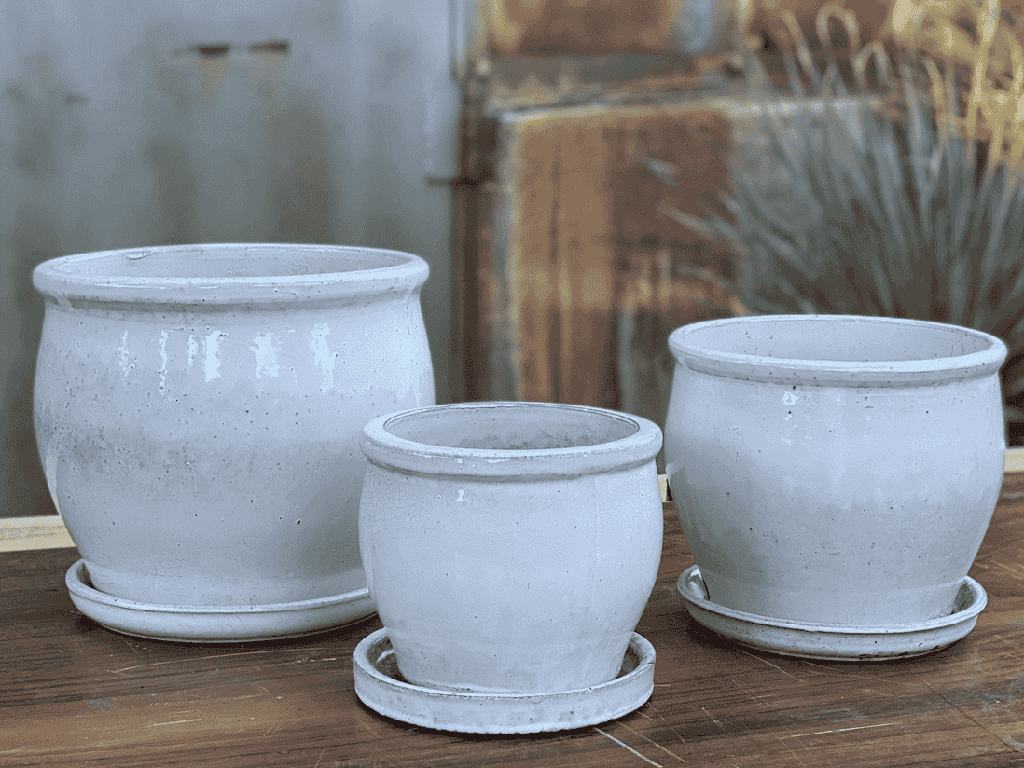 [PY-AS1699WSP-C] GOBLET PLANTER WITH ATTACHED SAUCER,WHITE SPECKLE, 10"X9"