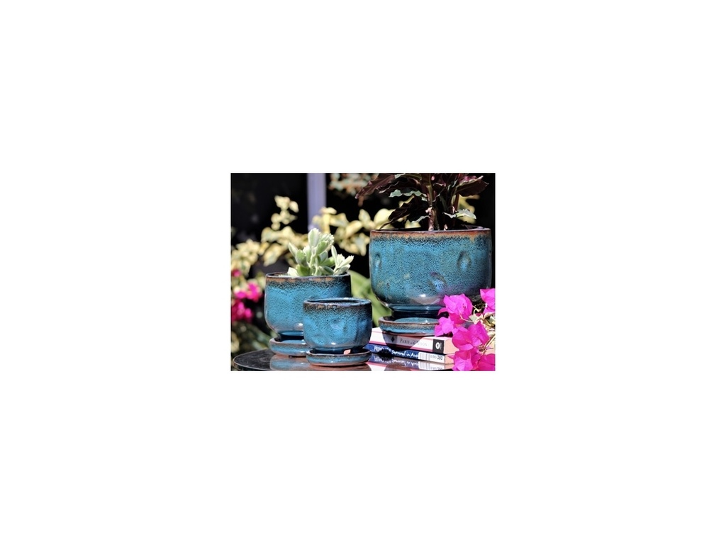 [PY-I1236TQB-C-C8] FINGER POT WITH ATTACHED SAUCERS, TURQUOISE BLUE, SIZE C, 4.0"x3.5"x3.0" (SOLD IN CASE OF 8)