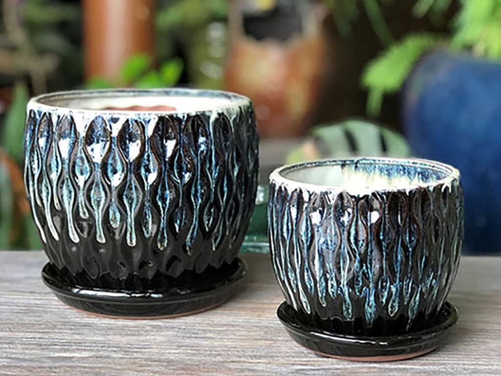 [PY-I1417WBK-A-C4] OAK WOOD FLOWER POT WITH ATTACHED SAUCER, SIZE A, WHITE BLACK, 7.5" x 6.5" (SOLD IN CASE OF 4)