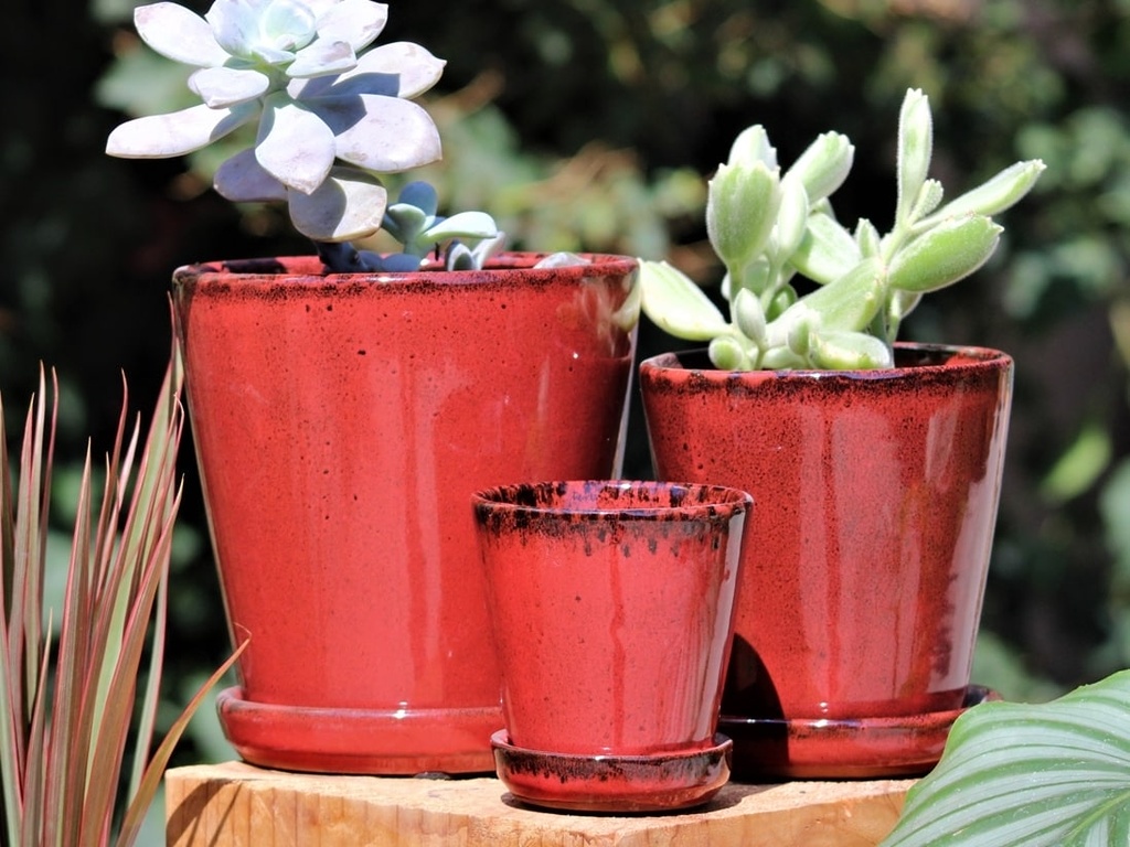 [PY-I1513TRD-A-C6] LILAC POT WITH ATTACHED SAUCER, TROPICAL RED, SIZE A, 5.5"X6.0" (SOLD IN CASE OF 6)