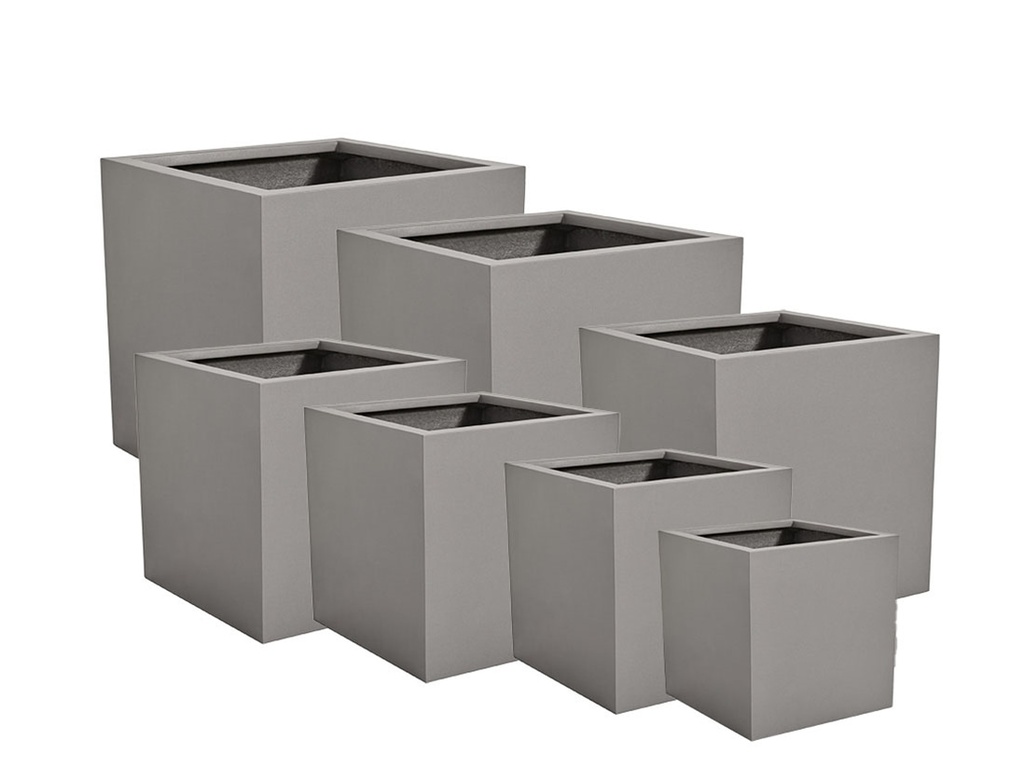 [FG-0125DGY-S7] CUBE PLANTER DARK GRAY POLY FIBER, SET OF 7- 35.5"x35.5", 31.5"x31.5", 27.5"x27.5", 23.5"x23.5", 19.5"x19.5", 15.5"x15.5", 12"x12"