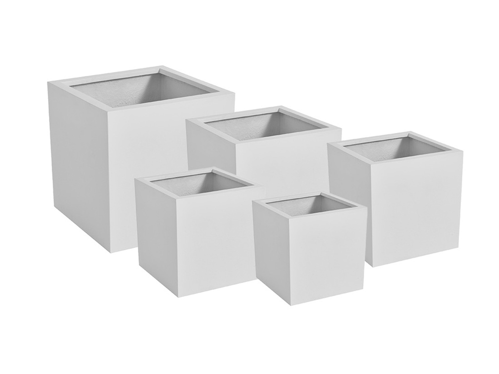 [FG-0125WHI-S5] CUBE PLANTER WHITE POLY  FIBER, SET OF 5- 27.5"x27.5", 23.5"x23.5", 19.5"x19.5", 15.5"x15.5", 12"x12"