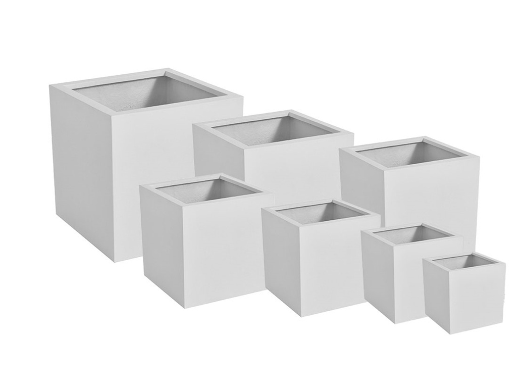 [FG-0125WHI-S7] CUBE PLANTER WHITE POLY FIBER, SET OF 7- 35.5"x35.5", 31.5"x31.5", 27.5"x27.5", 23.5"x23.5", 19.5"x19.5", 15.5"x15.5", 12"x12"
