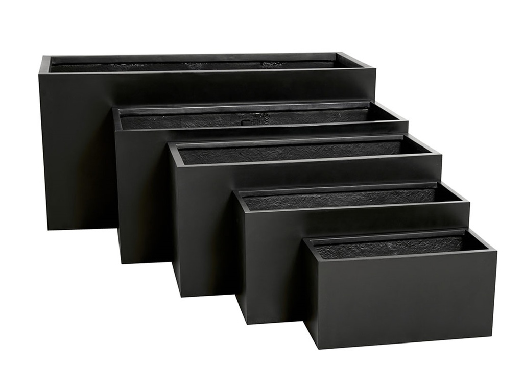 [FG-0127BLK-S4] RECTANGULAR BOX PLANTER  BLACK POLY FIBERS, SET OF 4- 47"x19.5"x21.5", 39.5"x15.5"x19.5", 31.5"x12"x15.5", 23.5"x10"x12"