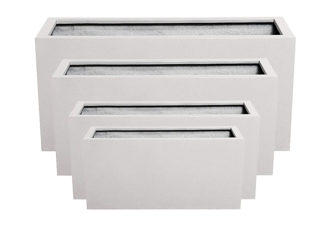 [FG-0127WHI-S4] RECTANGULAR BOX PLANTER WHITE POLY FIBERS, SET OF 4-  47"x19.5"x21.5", 39.5"x15.5"x19.5", 31.5"x12"x15.5", 23.5"x10"x12"