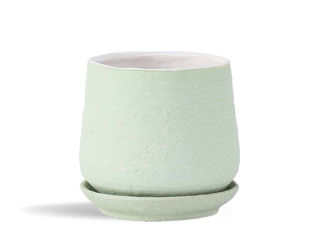 [IP-DA2250SSG-A-C2] HAND ROLLED POT WITH ATTACHED SAUCER, SAND SAGE GREEN, 8.0"X7.5", CASE OF 2