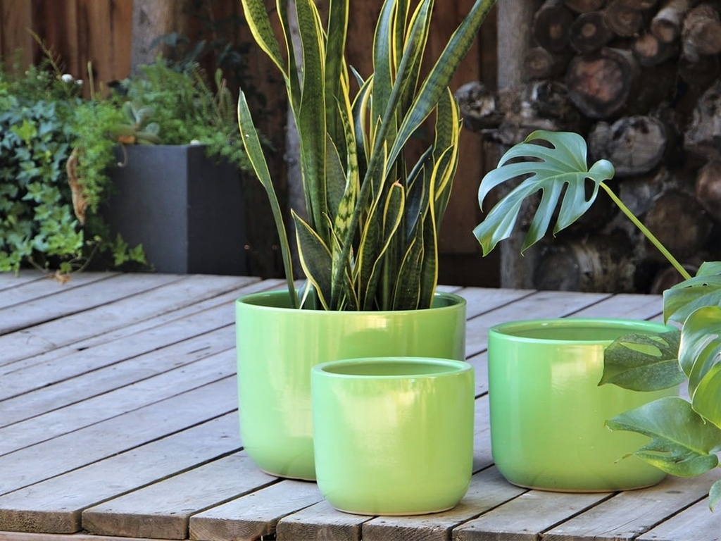 [PC-3310TGS-S3] LYNX PLANTER, TEA GREEN SATIN, SET OF 3- 16.0"X12.0", 13.0"X10.0", 10.0"X9.0"