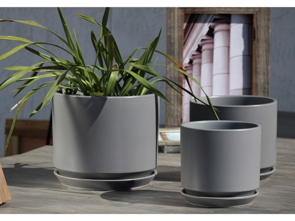 [PC-A3306HGY-S3] LARGE COMET PLANTER  WITH ATTACHED SAUCER, HEATHER GREY, SET OF 3- 12"X10" 10"X8.5" 8"X8"