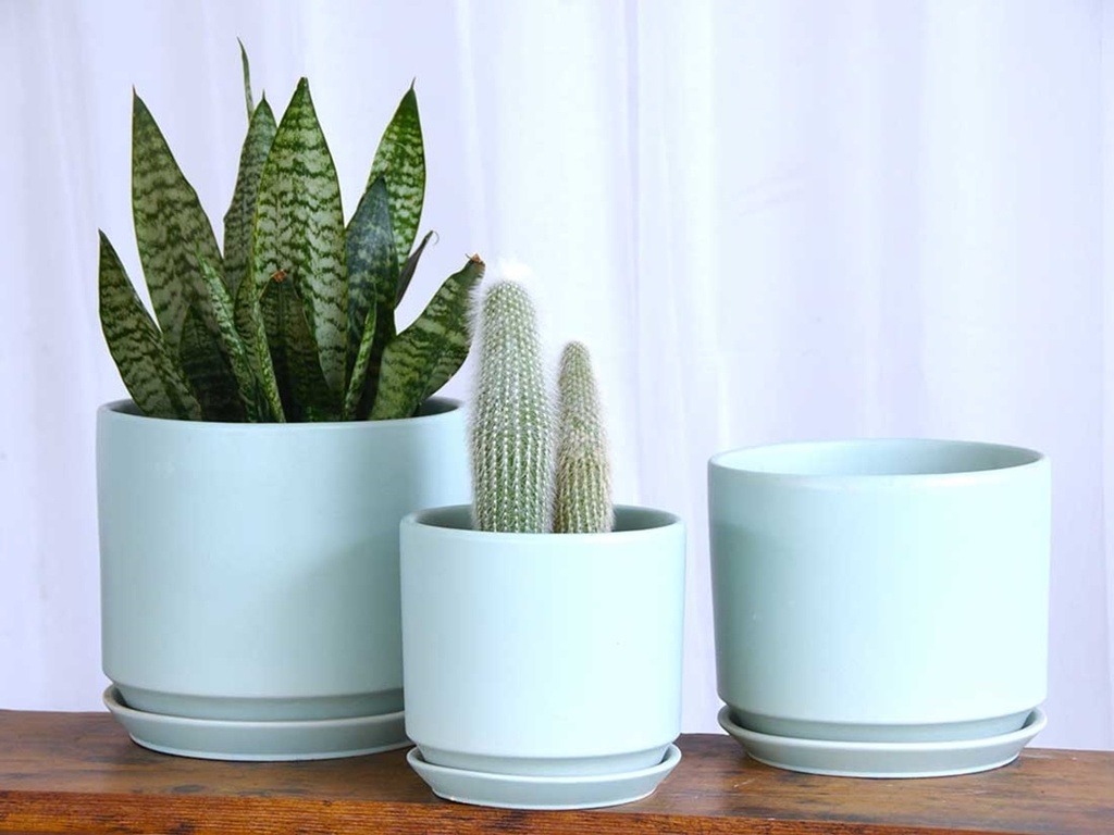 [PC-A3306TLG-S3] LARGE COMET PLANTER  WITH ATTACHED SAUCER, TILT GREEN, SET OF 3- 12"X10" 10"X8.5" 8"X8"