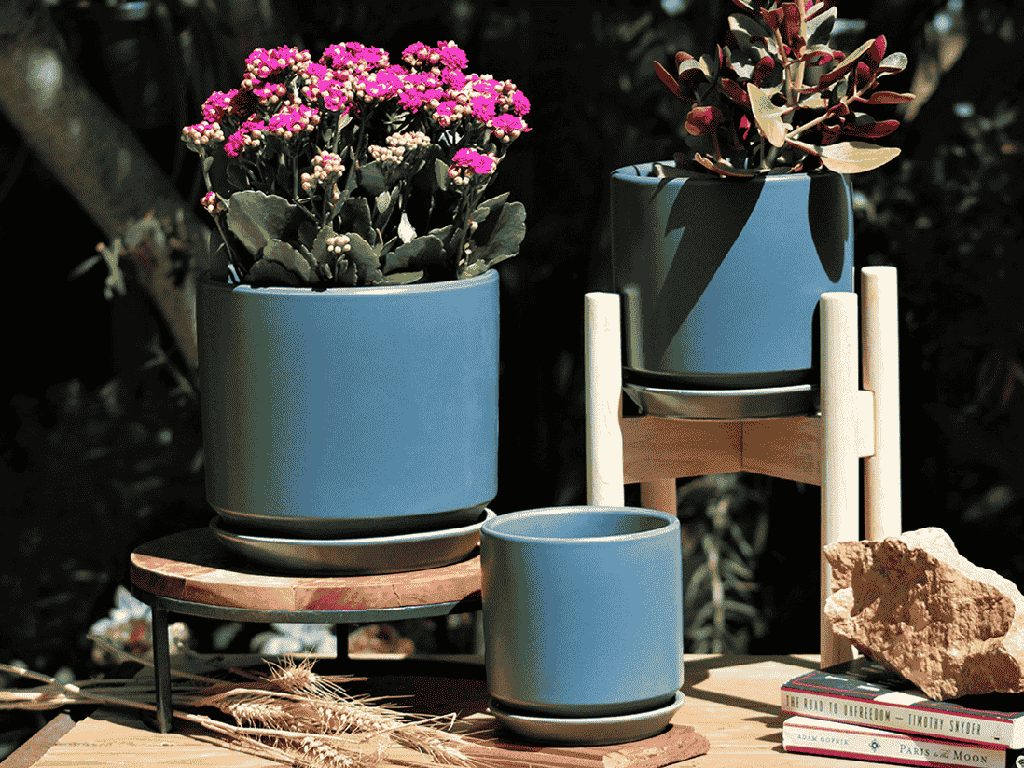 [PC-I3006TBL-S3-C2] VENUS PLANTER WITH ATTACHED SAUCER, TWILIGHT BLUE, 8.5"x7.5" 6.5"x6.5" 5.5"x5.0", SOLD IN CASE OF 2