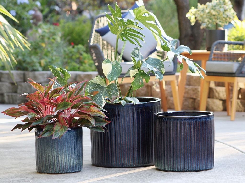 [PD-5203IDS-S3] PEONY POT, INDIGO SPLASH, SET OF 3,  15"X13.5"  12"X11" 10"X9"