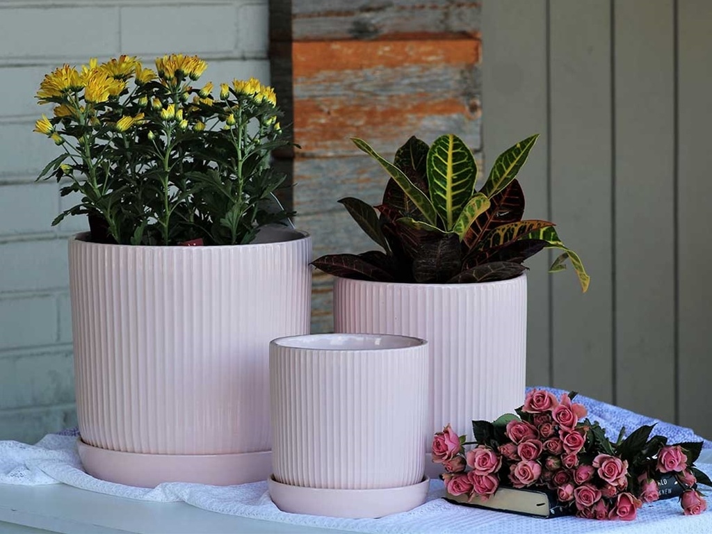 [PD-I6087PBP-B-C4] FLUTED CYLINDER PLANTER WITH ATTACHED SAUCER, PASTEL BABY PINK, 9.0"x 9.5", SOLD IN CASE OF 4