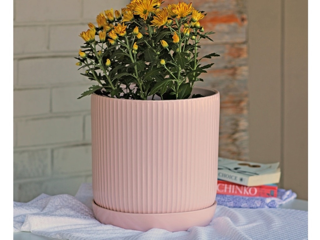 [PD-I6087PBP-C-C6] FLUTED CYLINDER PLANTER WITH ATTACHED SAUCER, PASTEL BABY PINK, 7.0"x 7.5", SOLD IN CASE OF 6