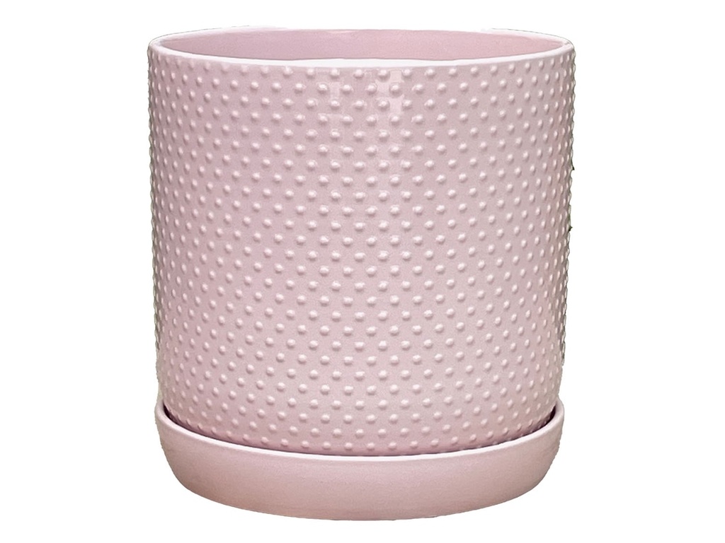 [PD-I6088PBP-D-C8] DOTTED CYLINDER PLANTER WITH ATTACHED SAUCER, PASTEL BABY PINK, 5.0"x5.5", SOLD IN CASE OF 8