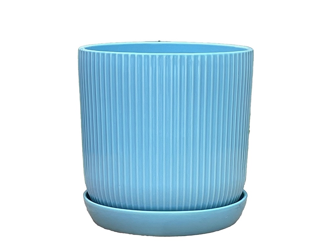 [PD-I6088PLB-C-C6] DOTTED CYLINDER PLANTER WITH ATTACHED SAUCER, PASTEL LIGHT BLUE, 7.0"x 7.5", SOLD IN CASE OF 6