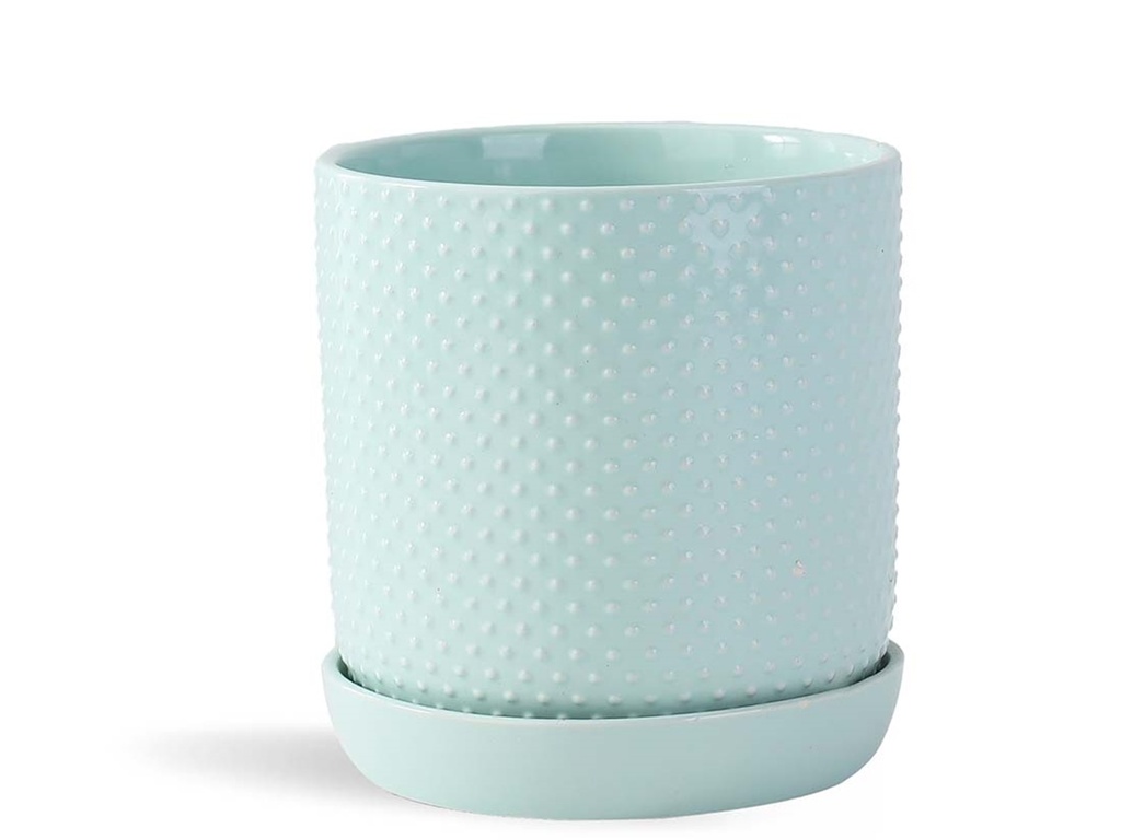 [PD-I6088PLG-C-C6] DOTTED CYLINDER PLANTER WITH ATTACHED SAUCER, PASTEL GREEN, 7.0"x 7.5", SOLD IN CASE OF 6