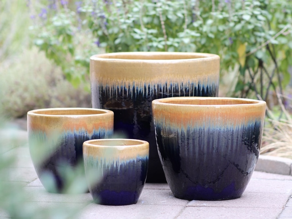 [PF-9112GSP-S4] MANDEVILLA TAPERED PLANTER, GOLD ON SAPPHIRE BLUE, SET OF 4- 18"X17.5", 15"X12.5", 11.5"X10.5", 7.5"X6.5"