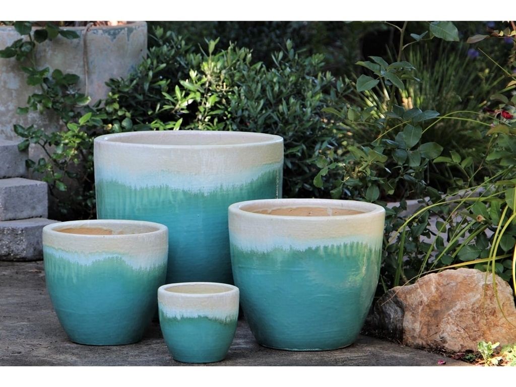 [PF-9112PSG-S4] MANDEVILLA TAPERED PLANTER, PEARL ON SEA GREEN, SET OF 4- 18"X17.5", 15"X12.5", 11.5"X10.5", 7.5"X6.5"
