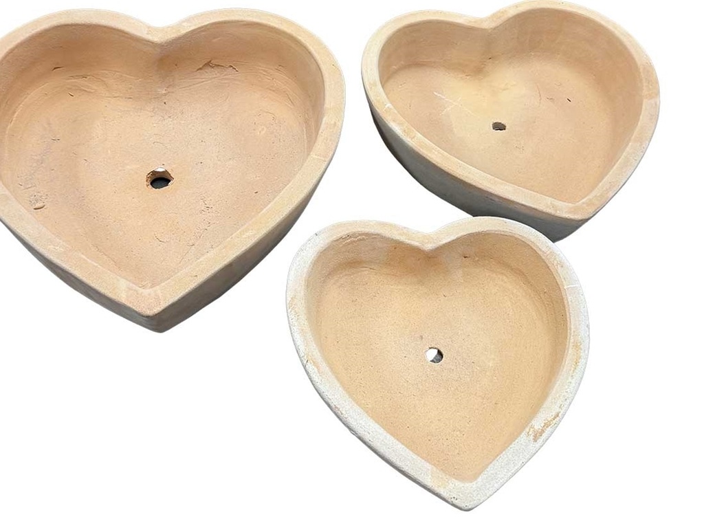 [PT-V1191WC-S3] TERRA COTTA HEART PLANTER, WASHED CLAY, GLAZED INSIDE, SET OF 3- 14.0"X4.0", 12.0"X3.5", 10.5"X2.5",